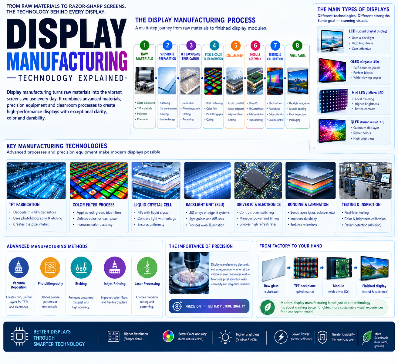 Display Manufacturing Technology Explained: From Glass Substrate and TFT Fabrication to OLED Deposition, Encapsulation, Driver Bonding, Testing and Yield