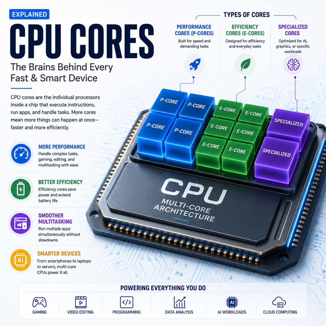 CPU Cores Explained: Single-Core, Multi-Core, Performance Cores, Efficiency Cores, Threads, SMT and Hybrid CPU Architecture