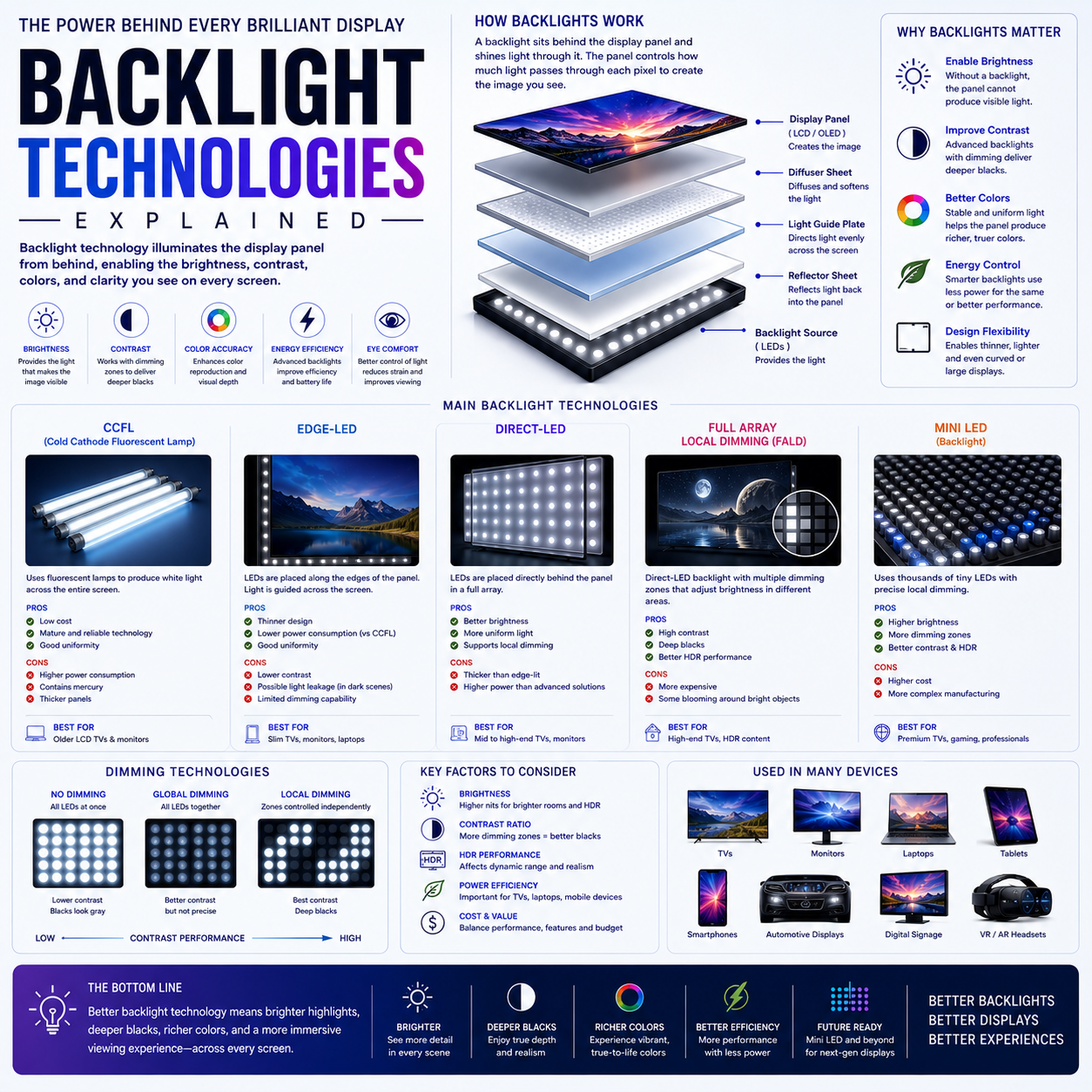 Display Backlight Technologies Explained: CCFL, LED, Edge-Lit, FALD, Mini-LED and Local Dimming