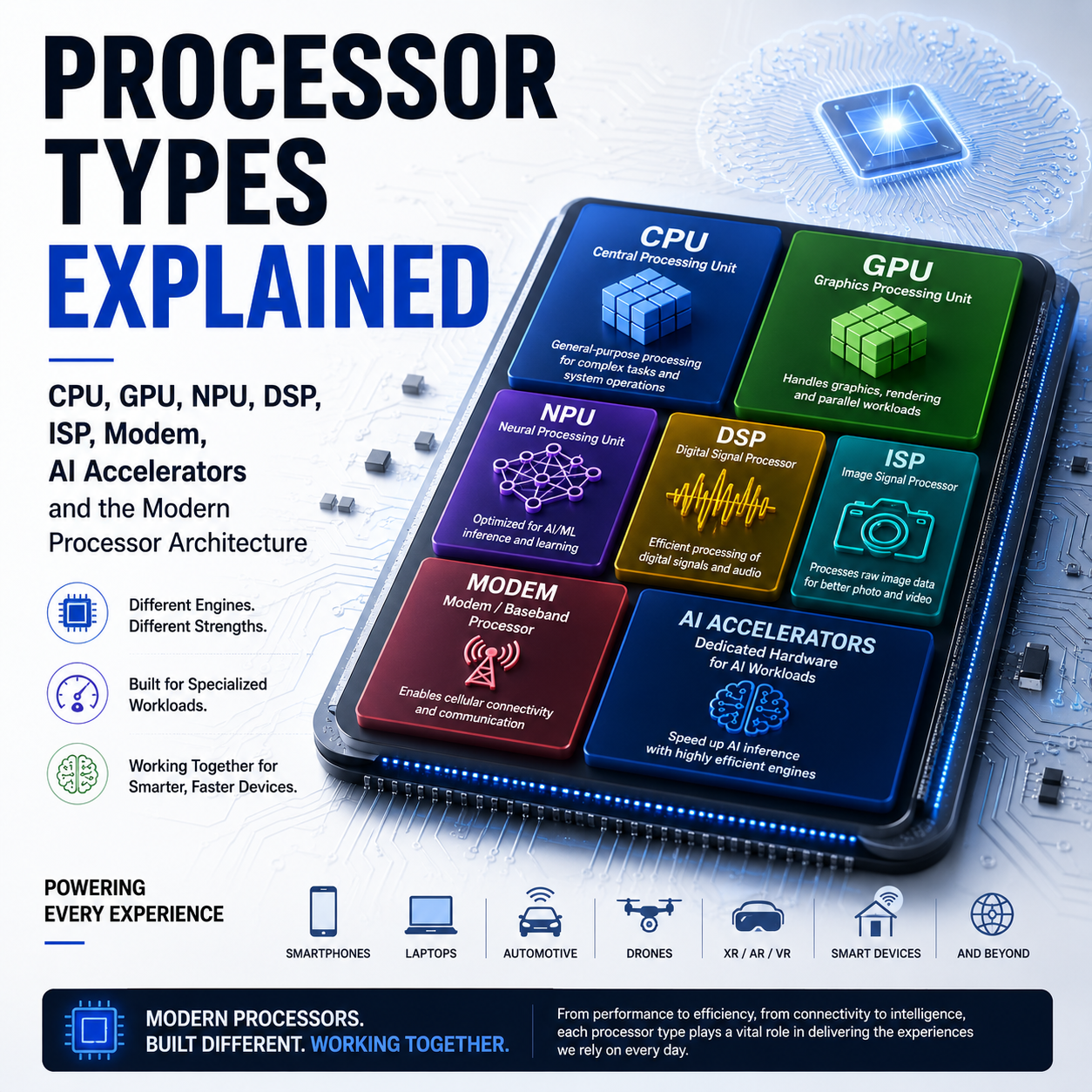 Processor Types Explained: CPU, GPU, NPU, DSP, ISP, Modem, AI Accelerators and the Modern Processor Architecture
