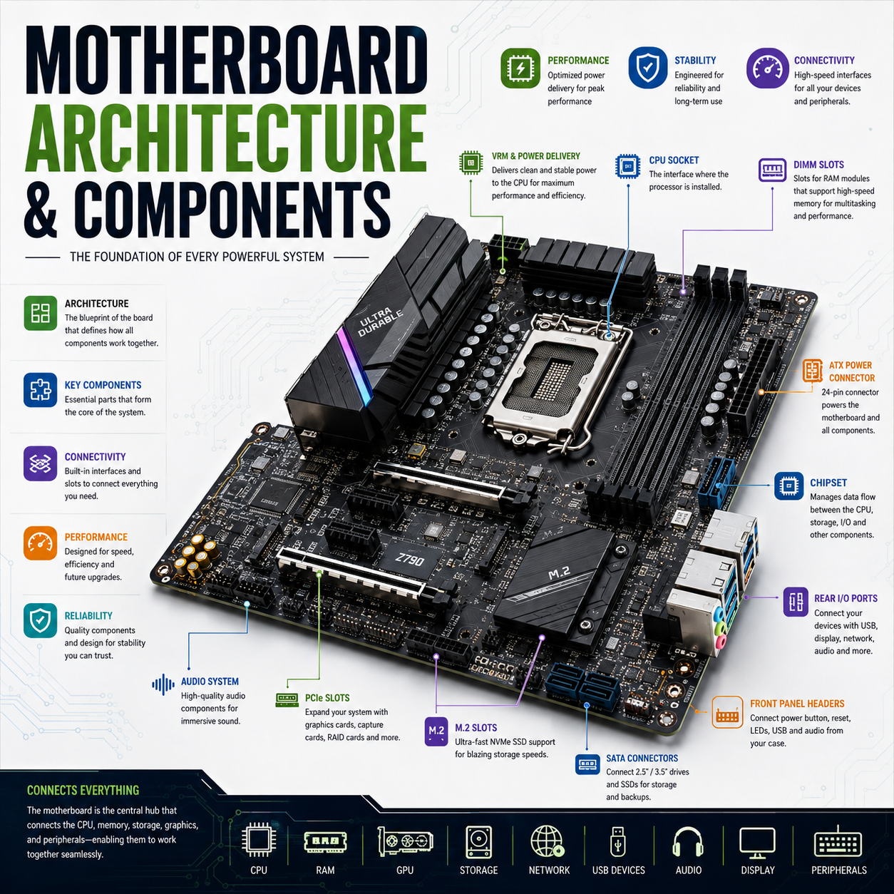 Motherboard Architecture & Components Explained: PCB, CPU Socket, VRM, Chipset, Memory, PCIe, Storage, I/O, Firmware and System Connectivity