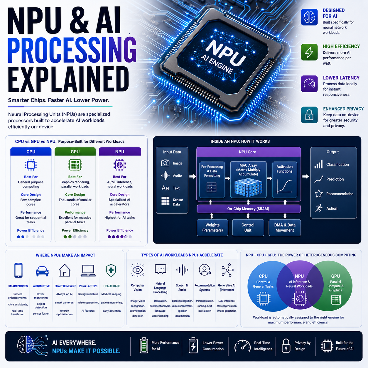 NPU & AI Processing Explained: Neural Processing Units, AI Accelerators, TOPS, Matrix Engines, INT8, INT4, FP16, On-Device AI and Modern AI Hardware