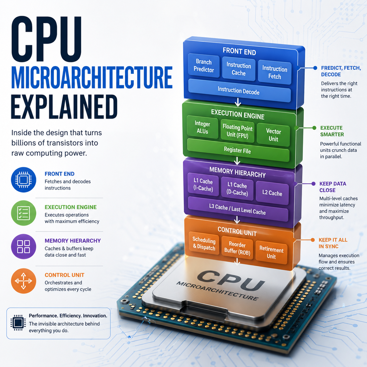 CPU Microarchitecture Explained: Front End, Execution Units, Pipelines, Branch Prediction, Out-of-Order Execution, Caches and IPC