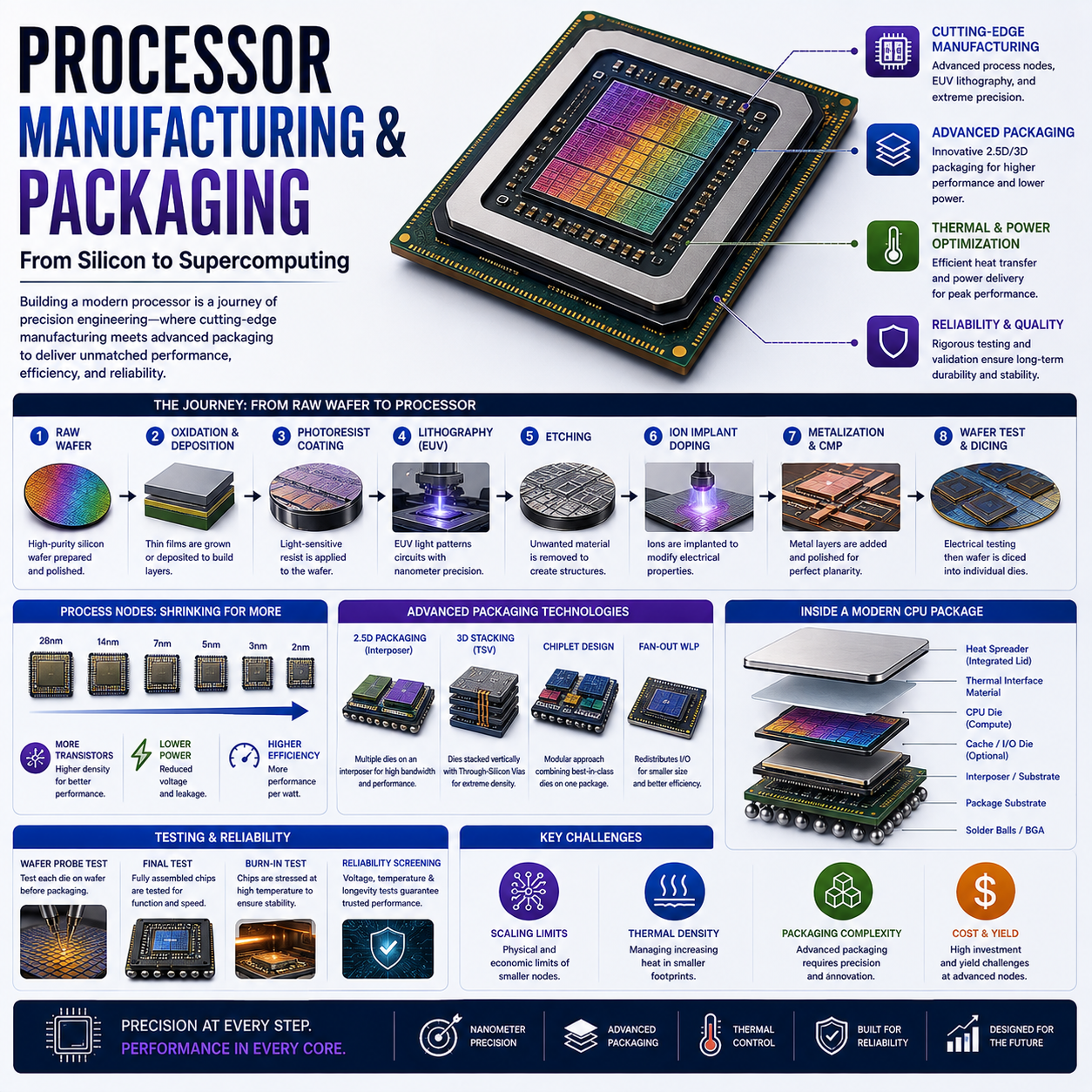 Processor Manufacturing & Packaging Explained: Wafer Fabrication, Lithography, EUV, Transistors, Process Nodes, Dies, Yield, Chiplets, Advanced Packaging, 2.5D, 3D Stacking and HBM