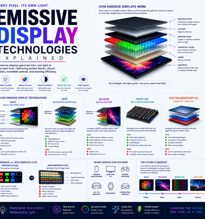 Emissive Display Technologies Explained: OLED, AMOLED, QD-OLED, Tandem OLED, MicroLED and What Makes Pixels Glow